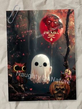 Prada Red Balloon Halloween Art Print with Cute Ghost